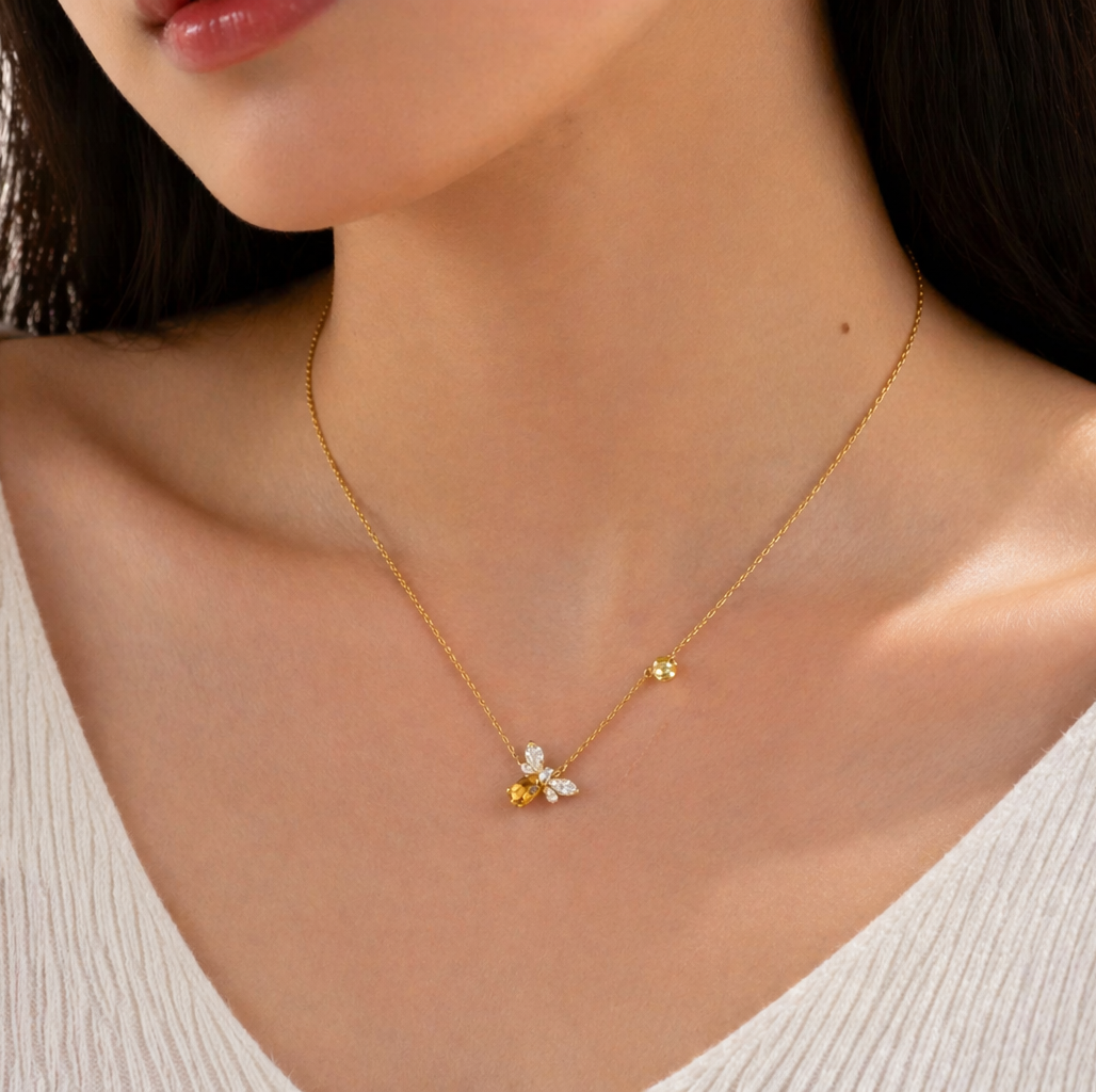 Golden Citrine Honey Bee Sterling Silver Pendant Necklace