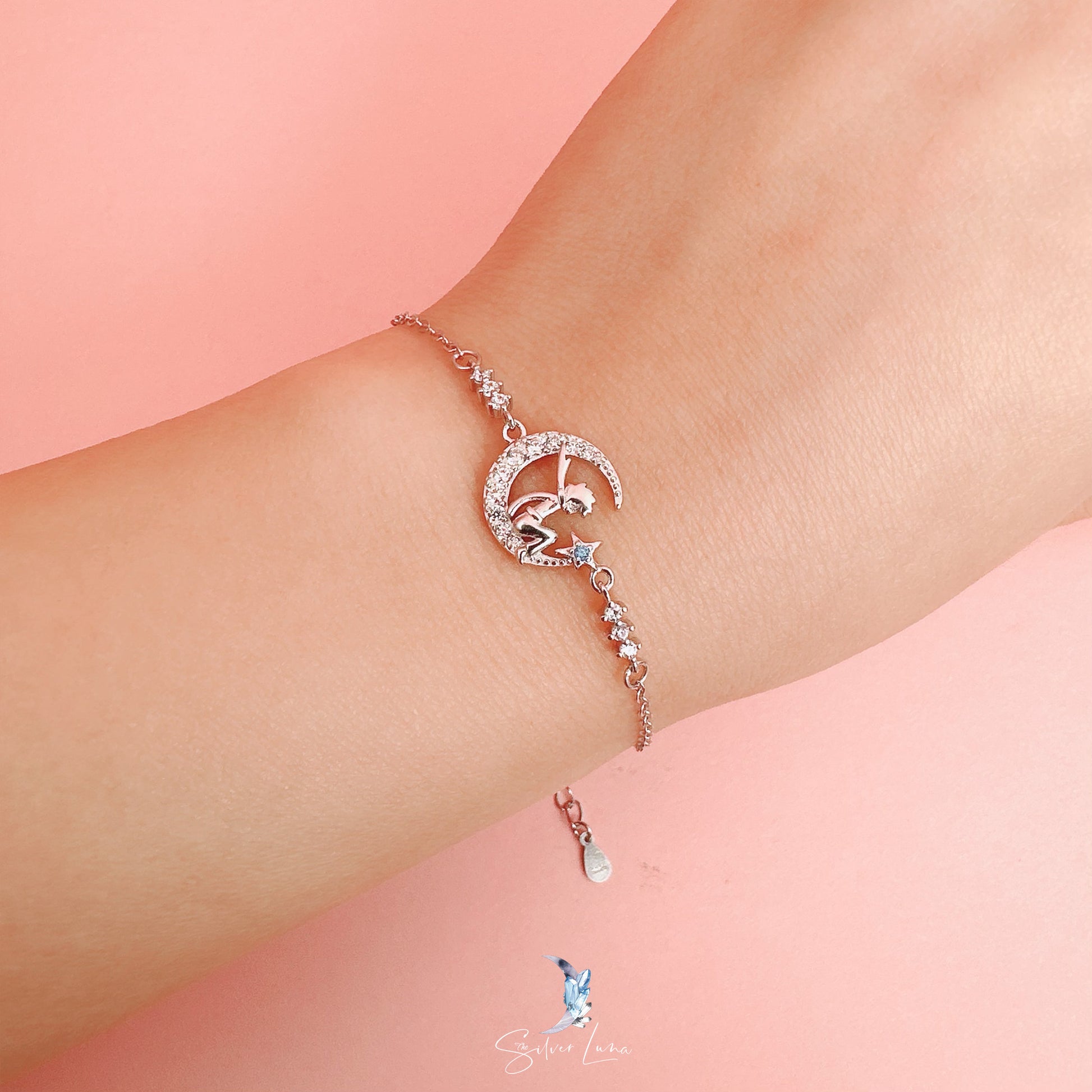 fairy on moon sterling silver bracelet