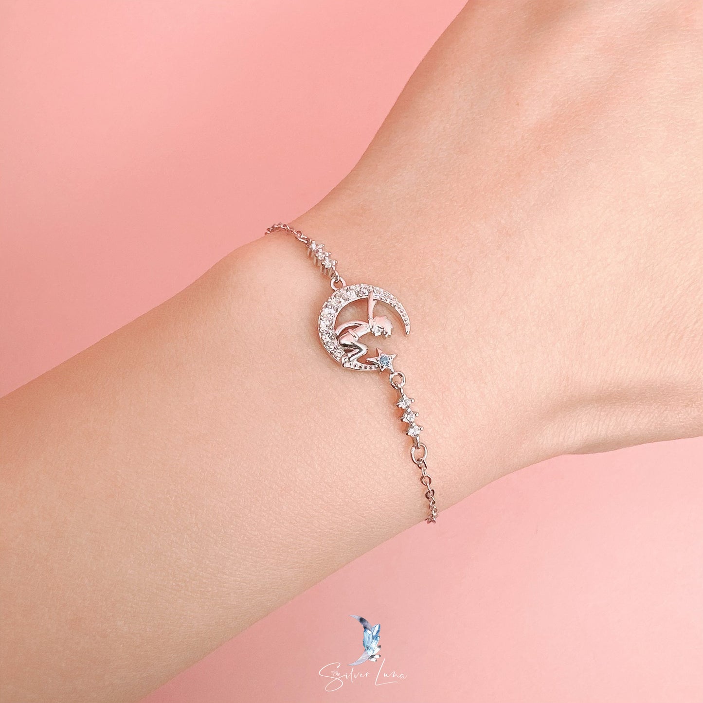 fairy on moon sterling silver bracelet