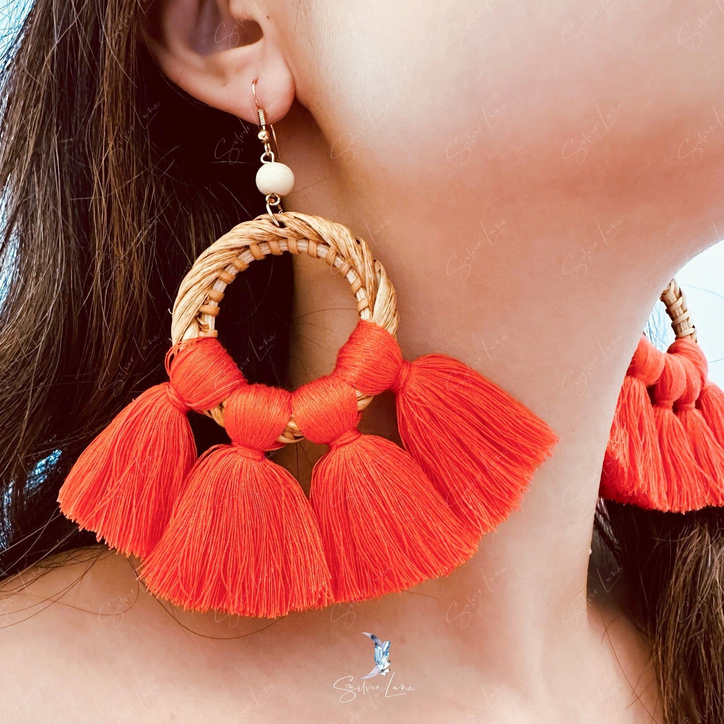 Red fan cotton tassel statement earrings