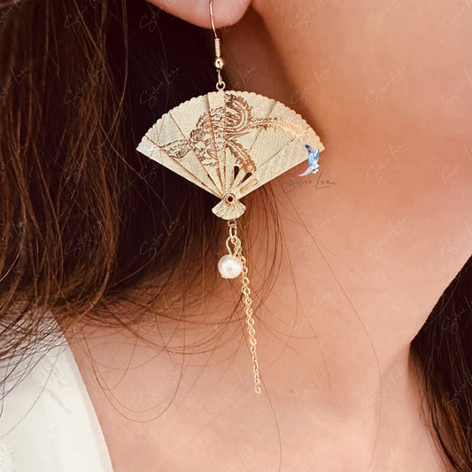 gold fan dangle drop earrings