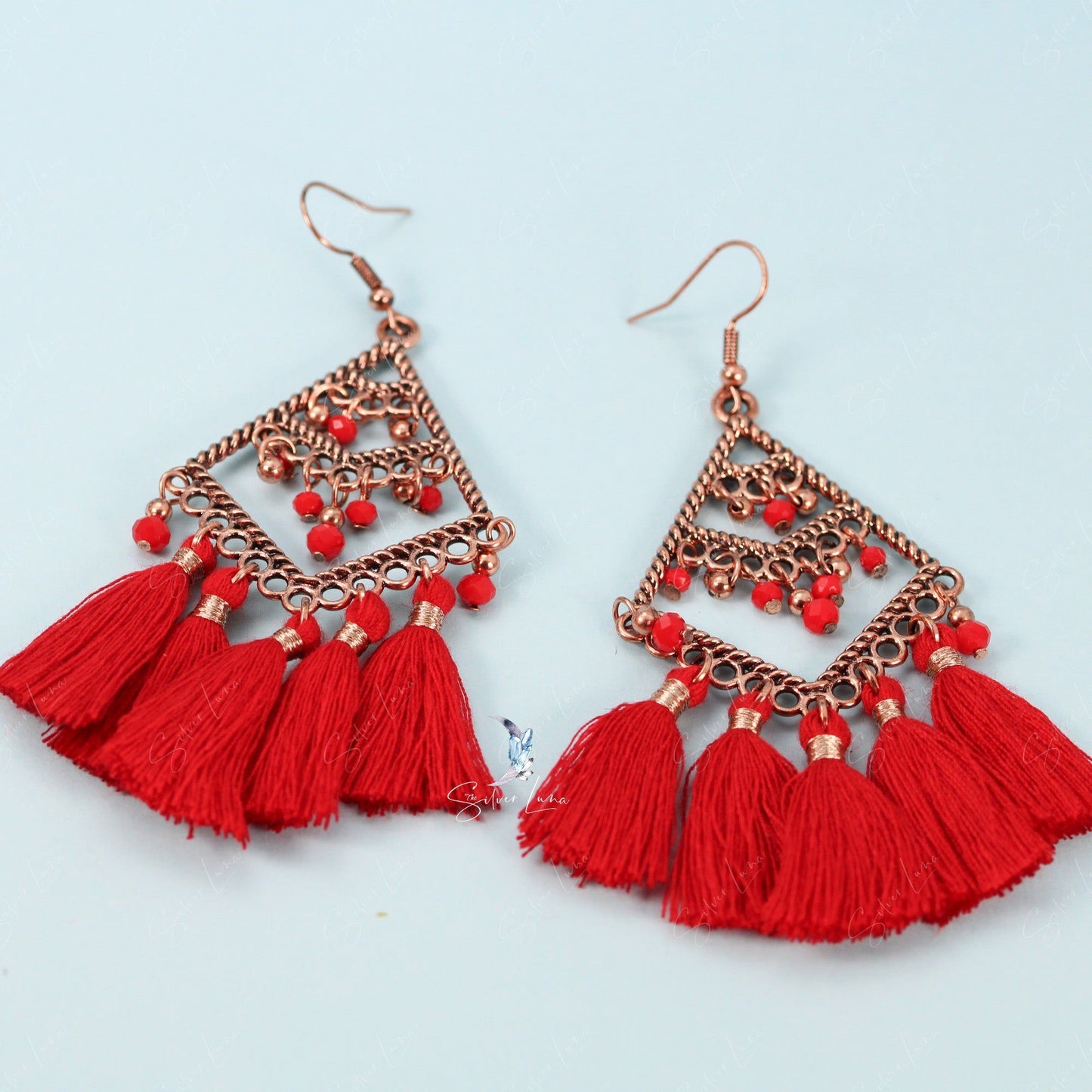 Bohemian red fan tassel statement earrings
