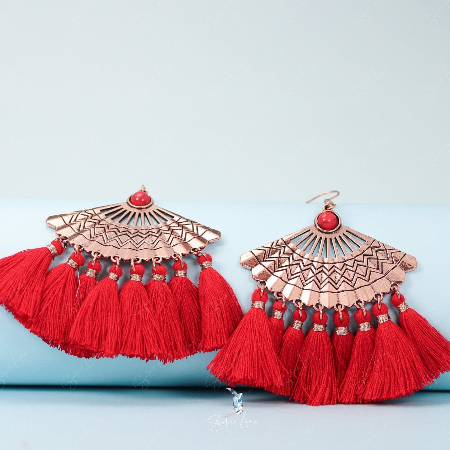 Red fan tassel dangle drop fashion earrings