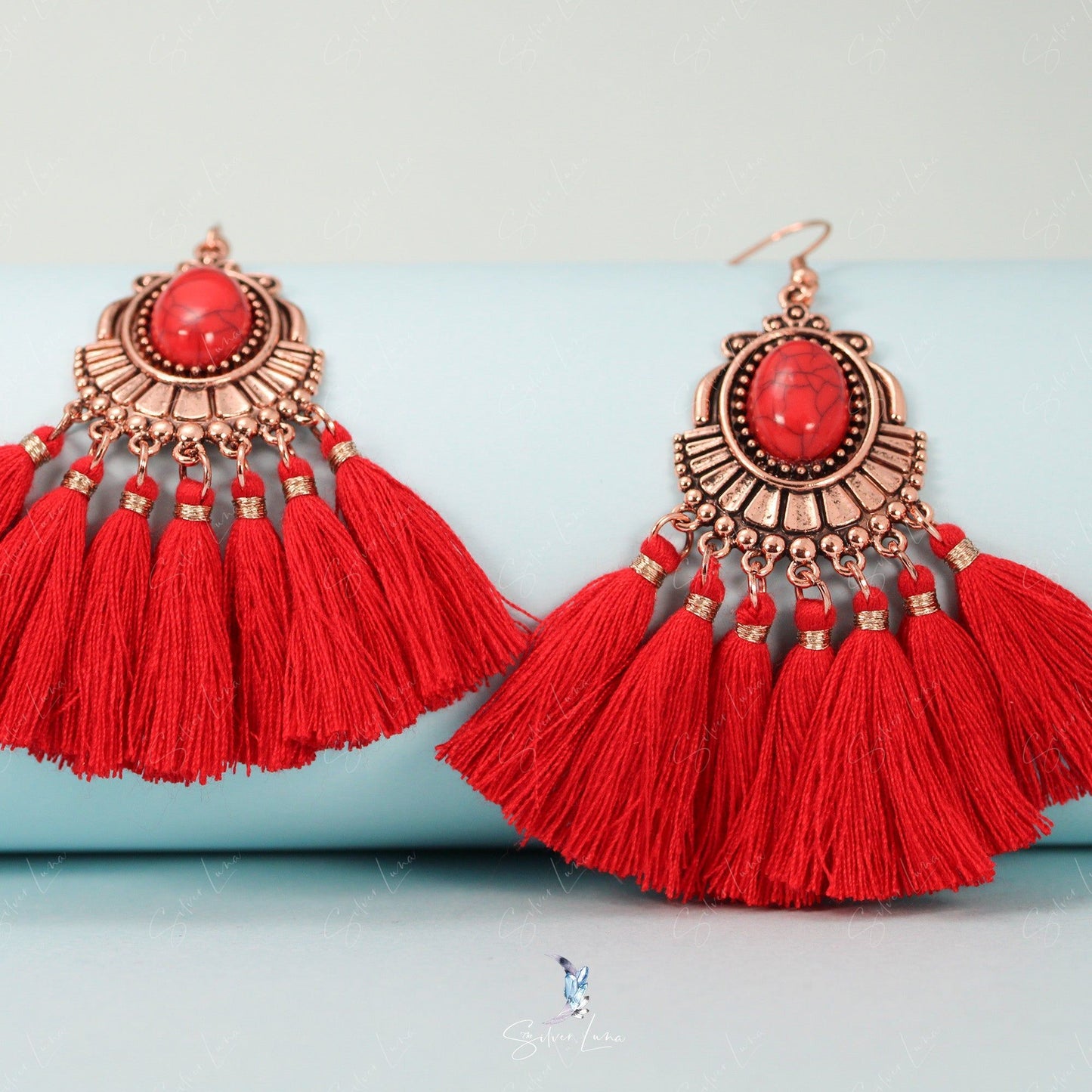 Bohemian red tassel dangle drop earrings