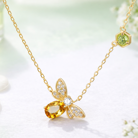 Golden Citrine Honey Bee Sterling Silver Pendant Necklace