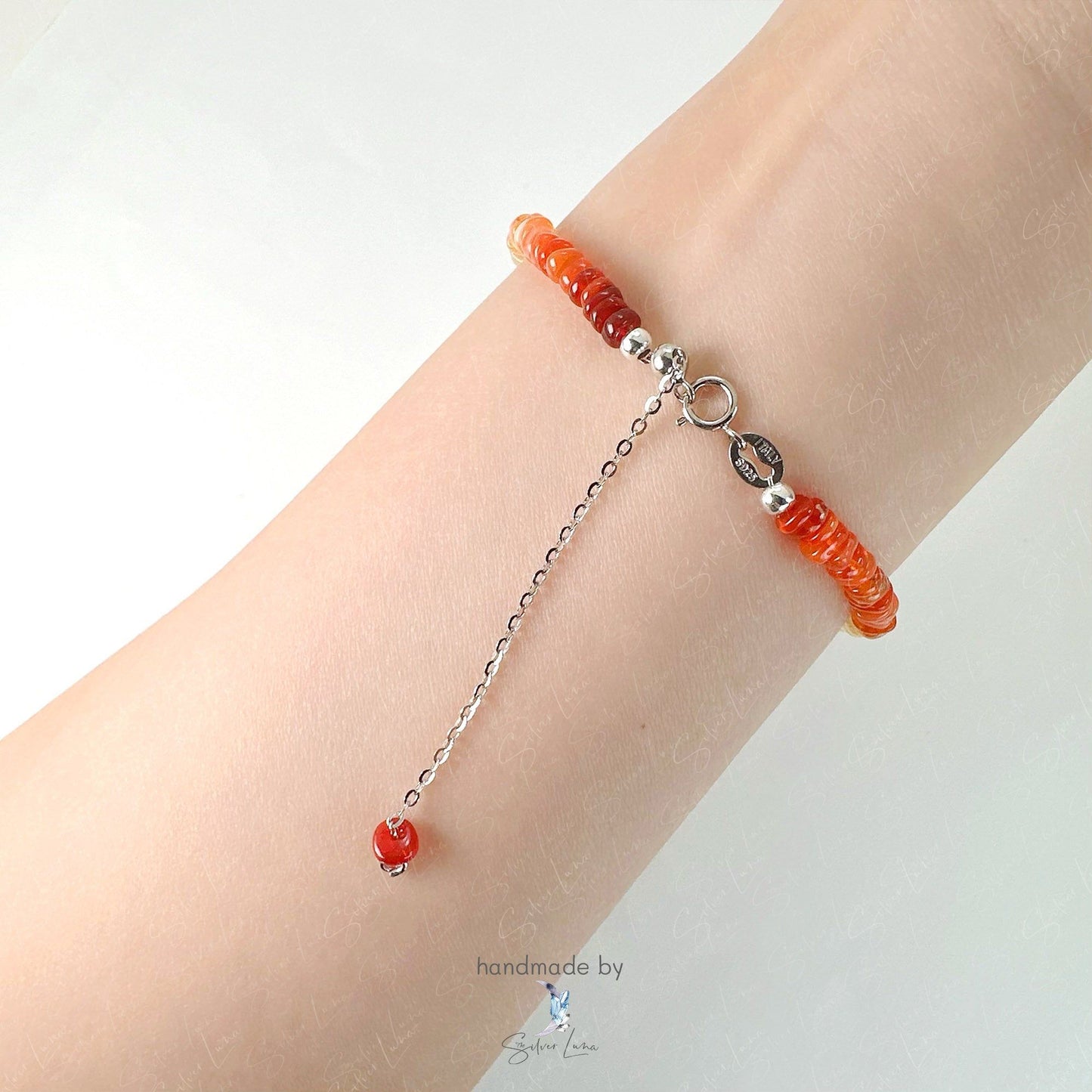 Mexican fire opal orange beaded bracelet with sterling silver chain
