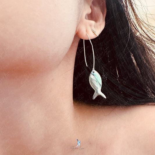 Shell fish on hook dangle drop earrings