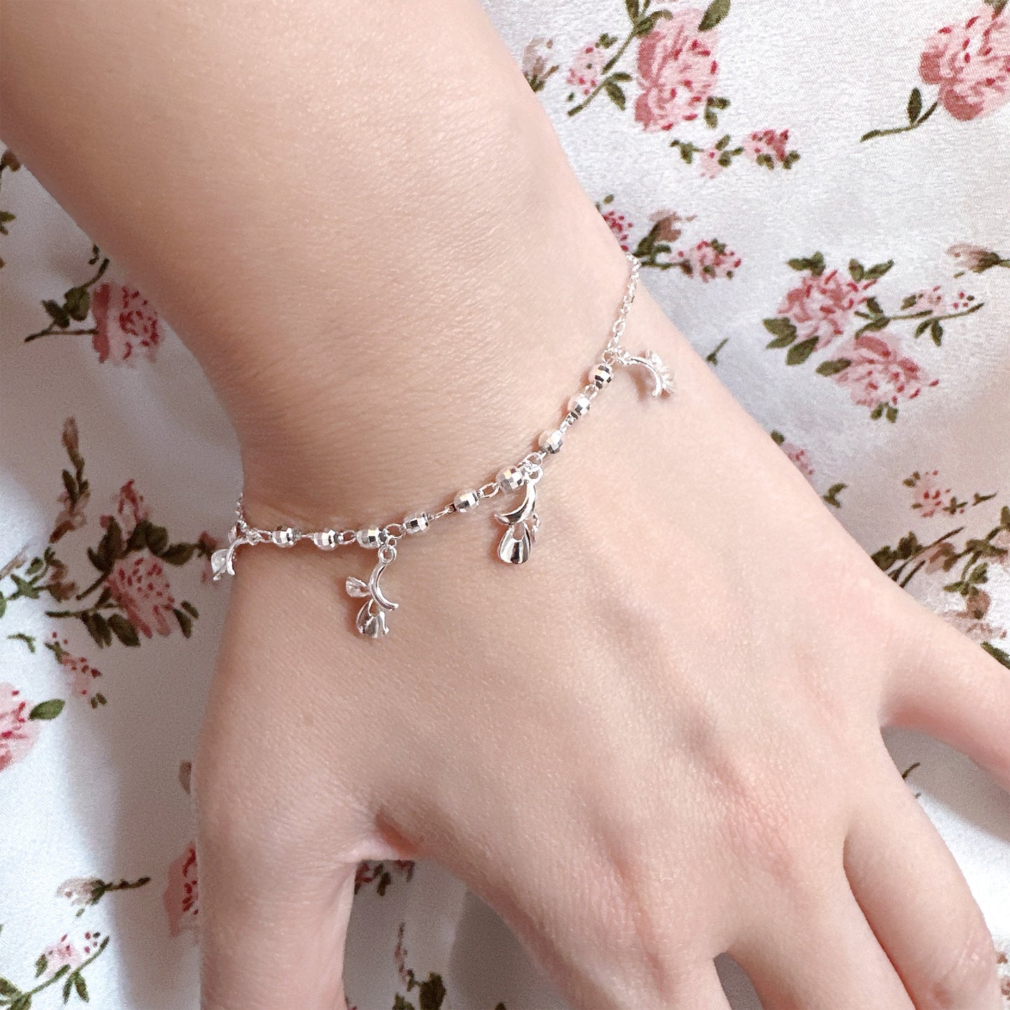 Floral leaves charm ball chain silver bracelet