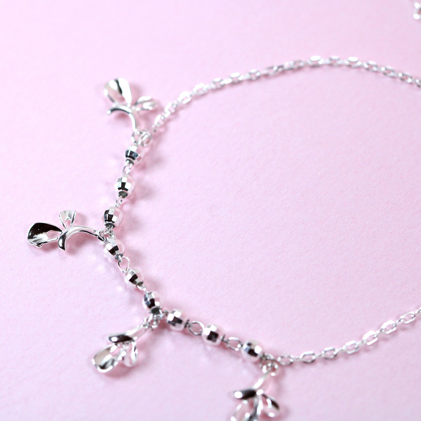 Floral leaves charm ball chain silver bracelet