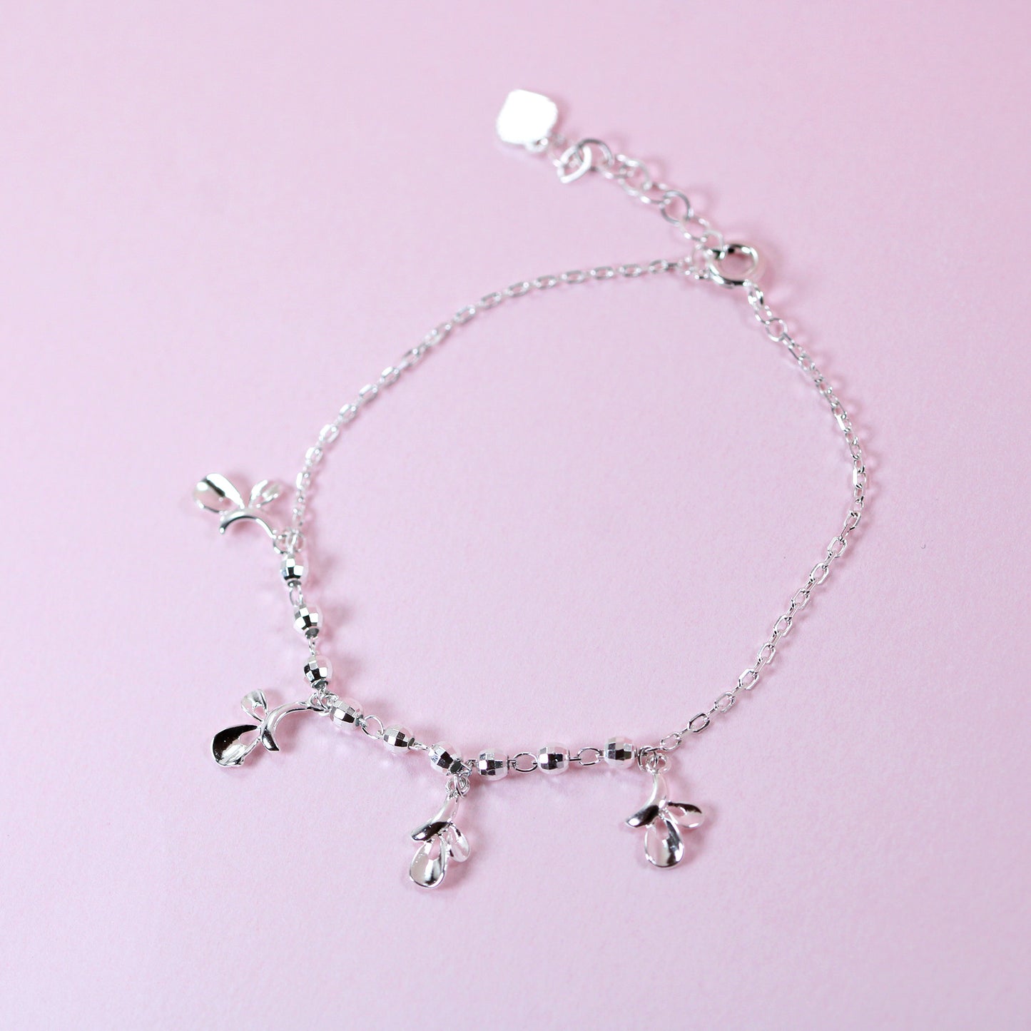 Floral leaves charm ball chain silver bracelet