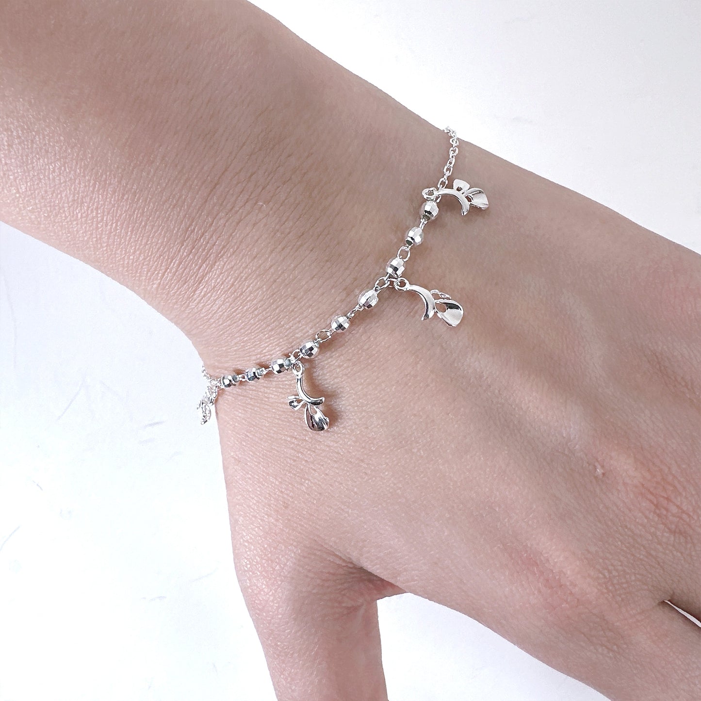 Floral leaves charm ball chain silver bracelet