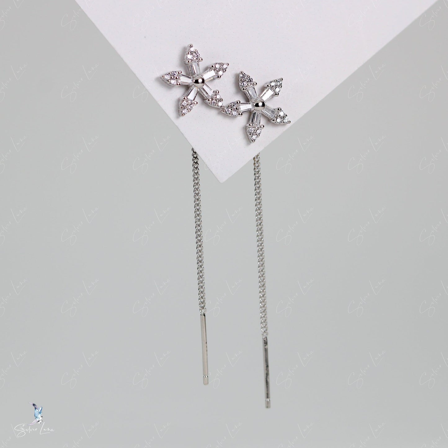 Cubic zirconia flower ear threader earrings