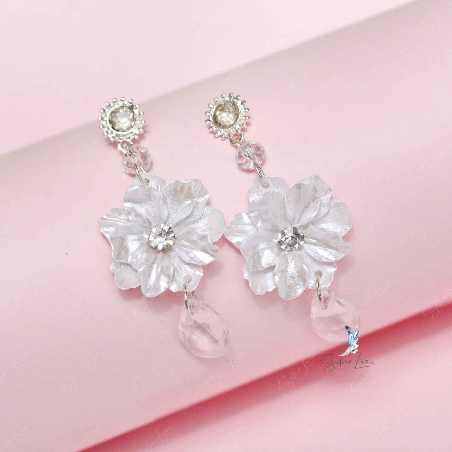 White flower bridal tear drop earrings
