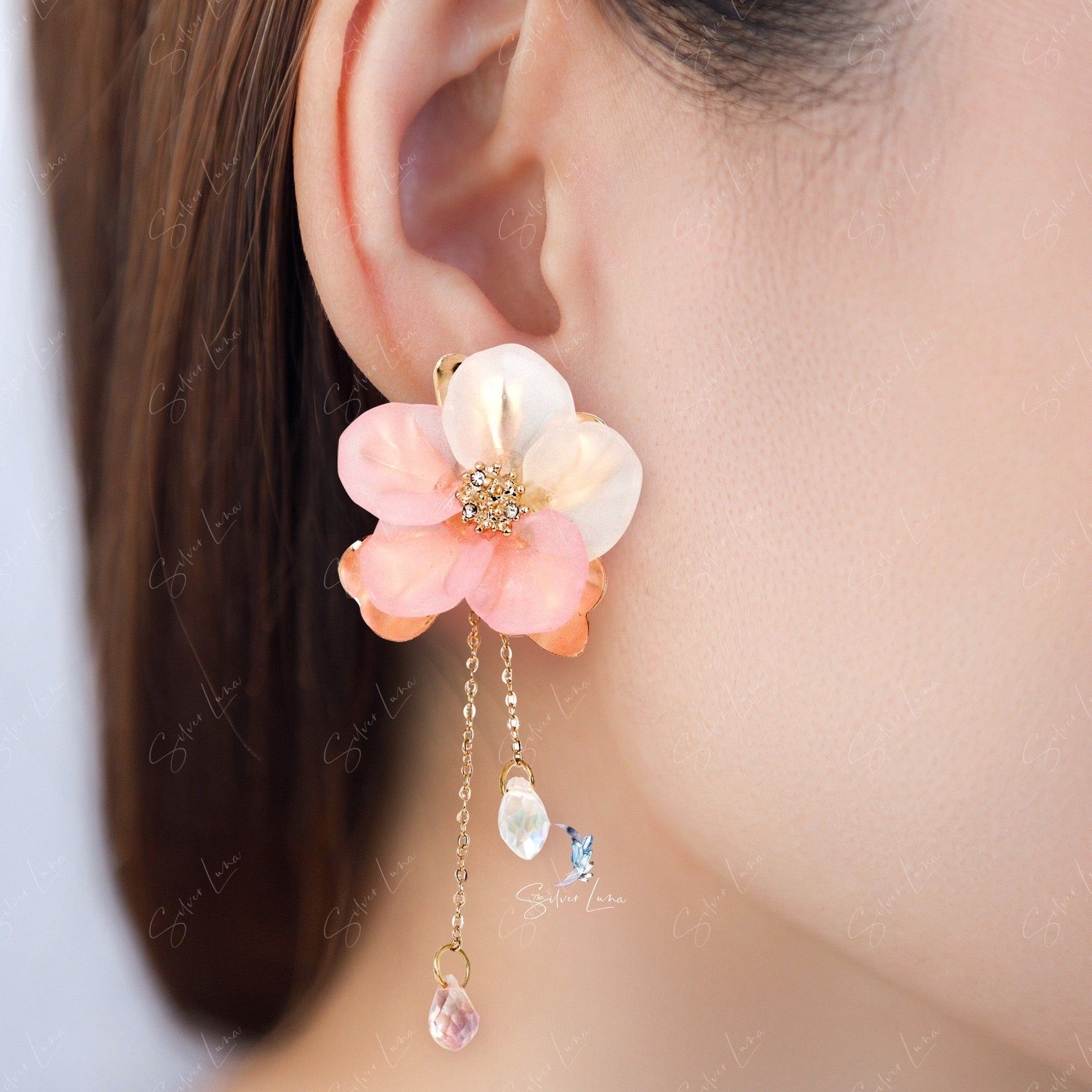 pink flower tear drop earrings