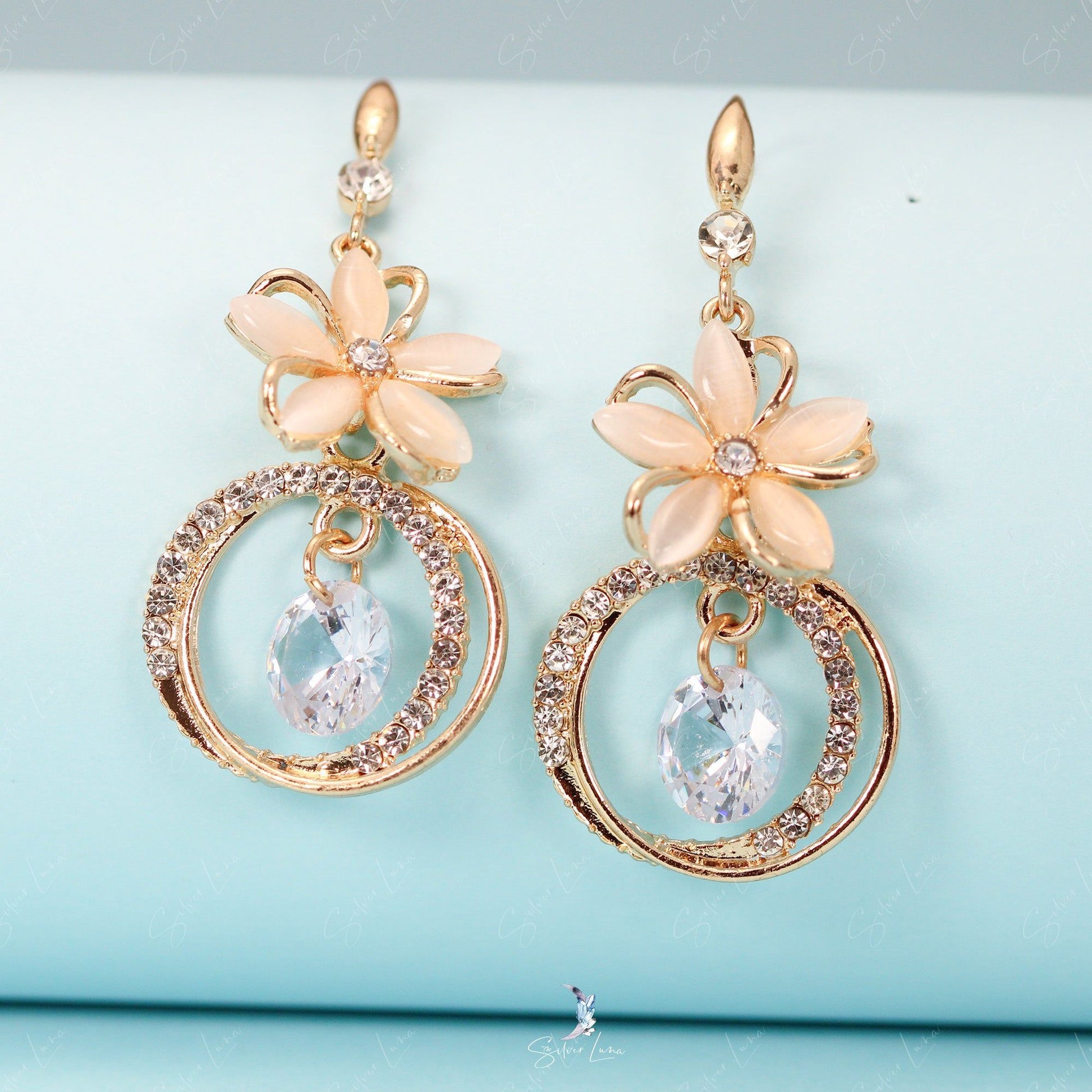 crystal flower dangle drop earrings