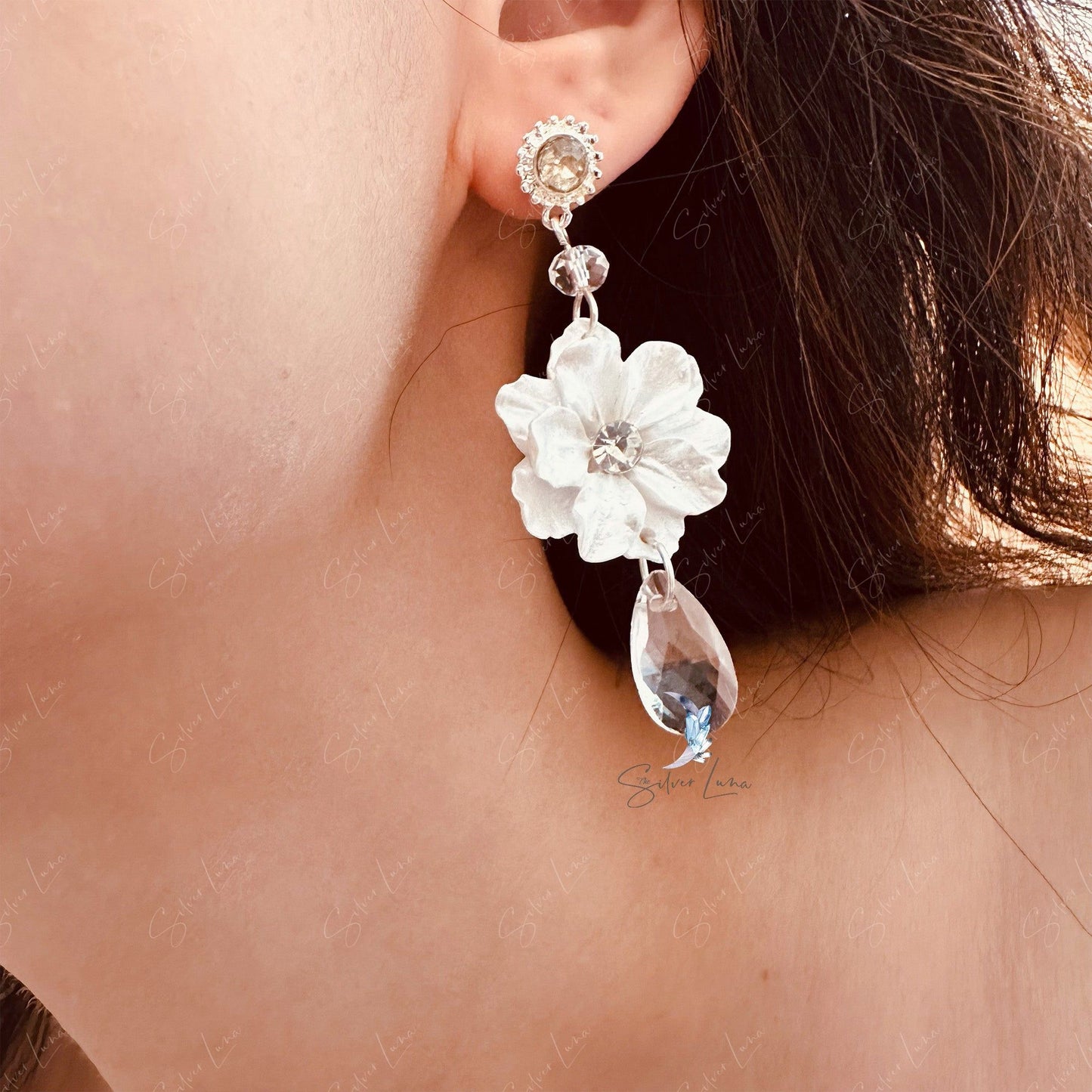 White flower bridal tear drop earrings