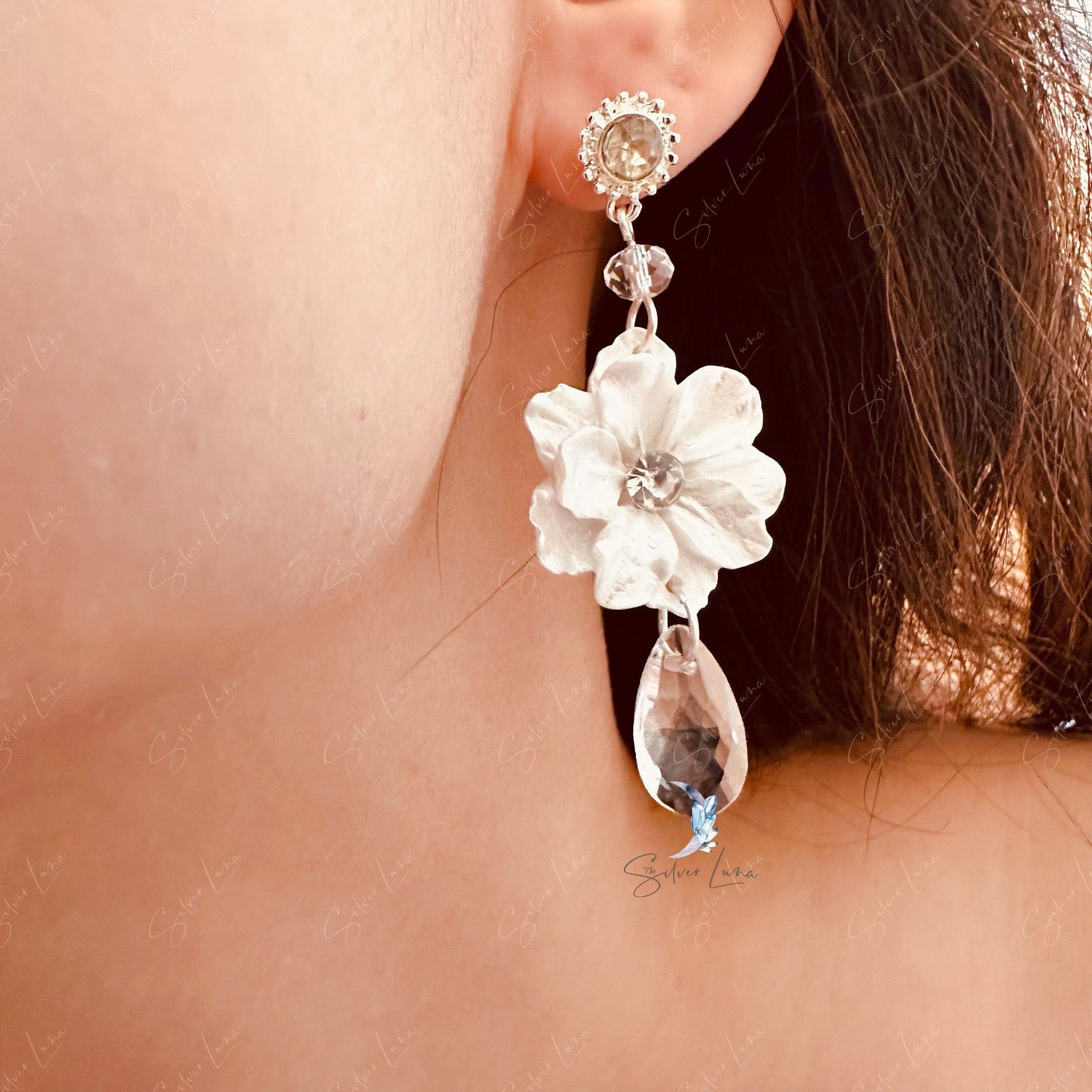 white flower bridal tear drop earrings