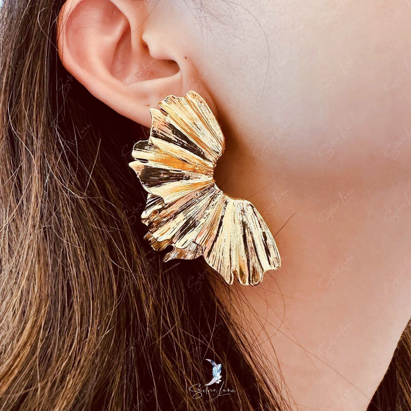 Abstract gold flower big statement earrings
