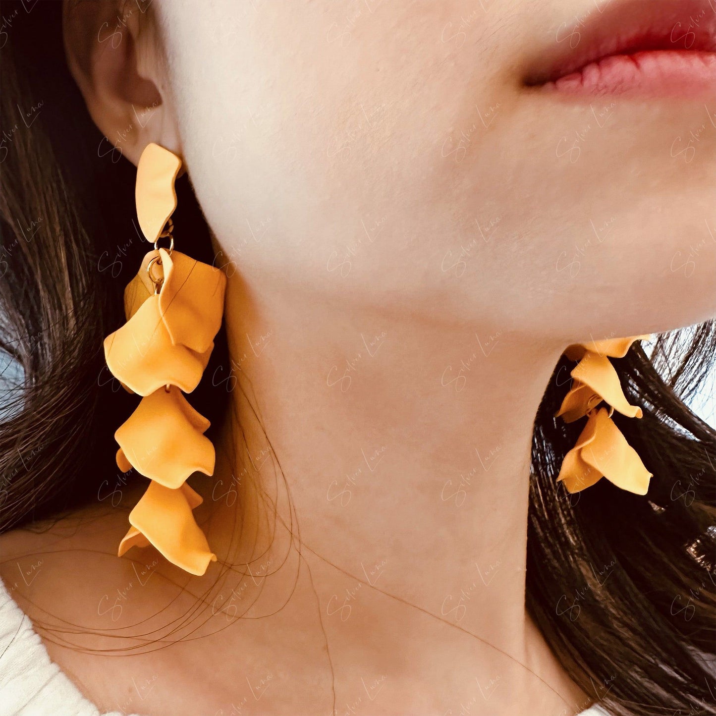 Flower petal long drop fashion earrings