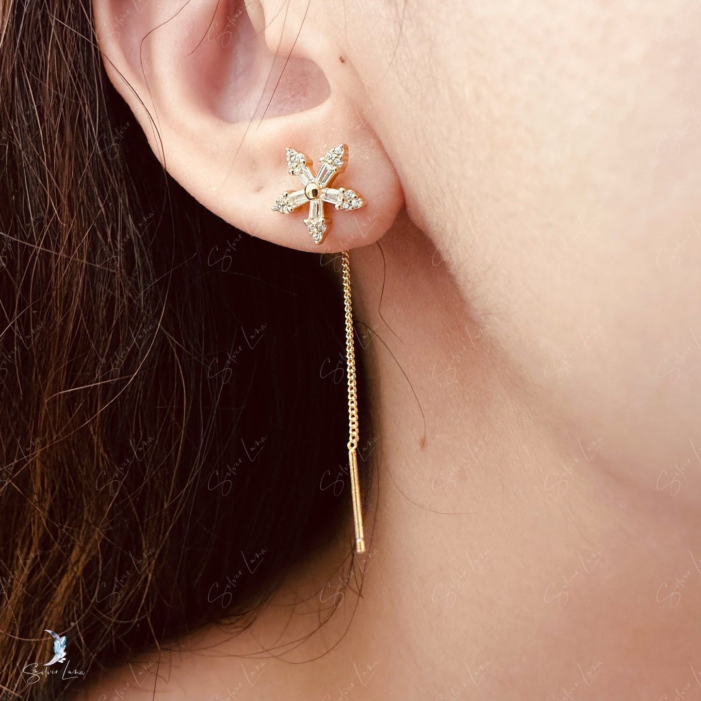 Cubic zirconia flower ear threader earrings