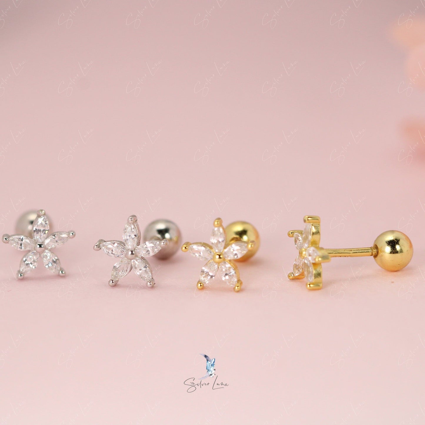 cubic zirconia flower screw back stud earrings