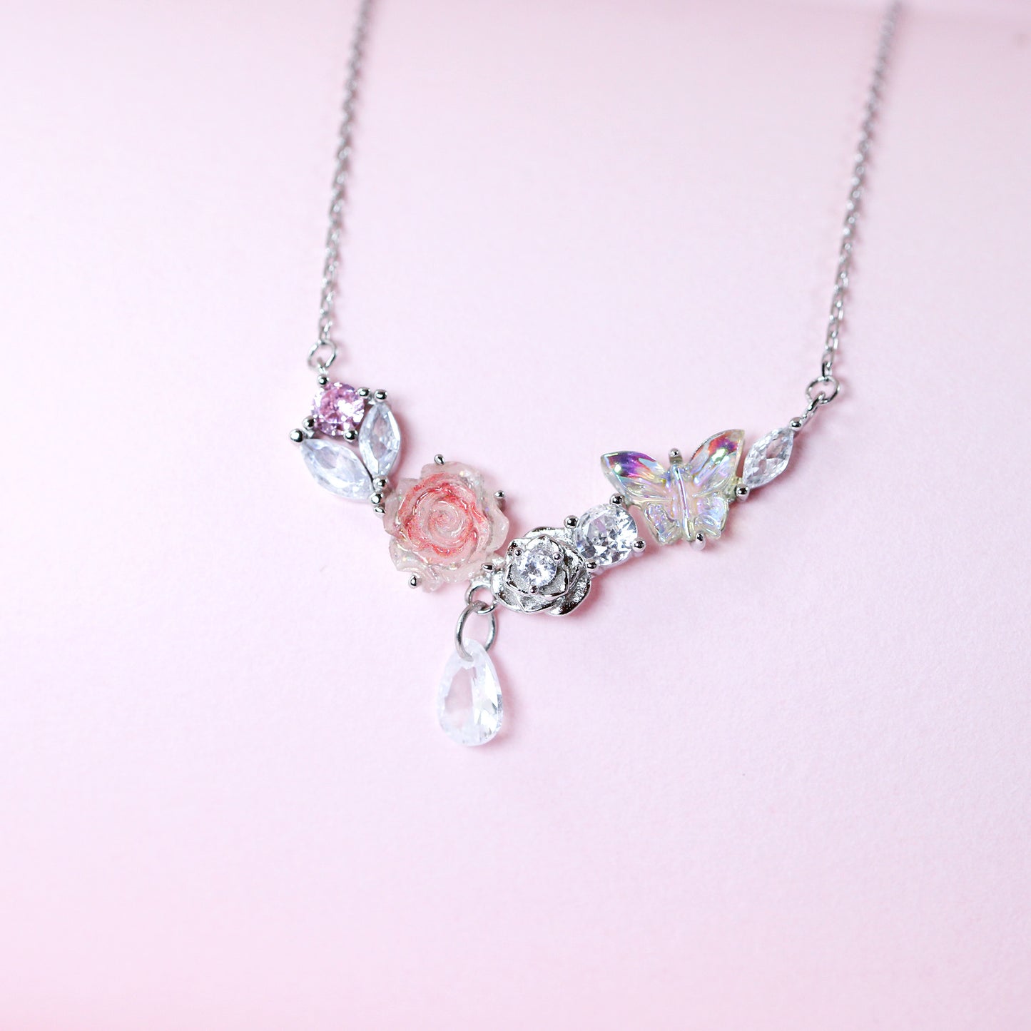 rose flower butterfly teardrop pendant