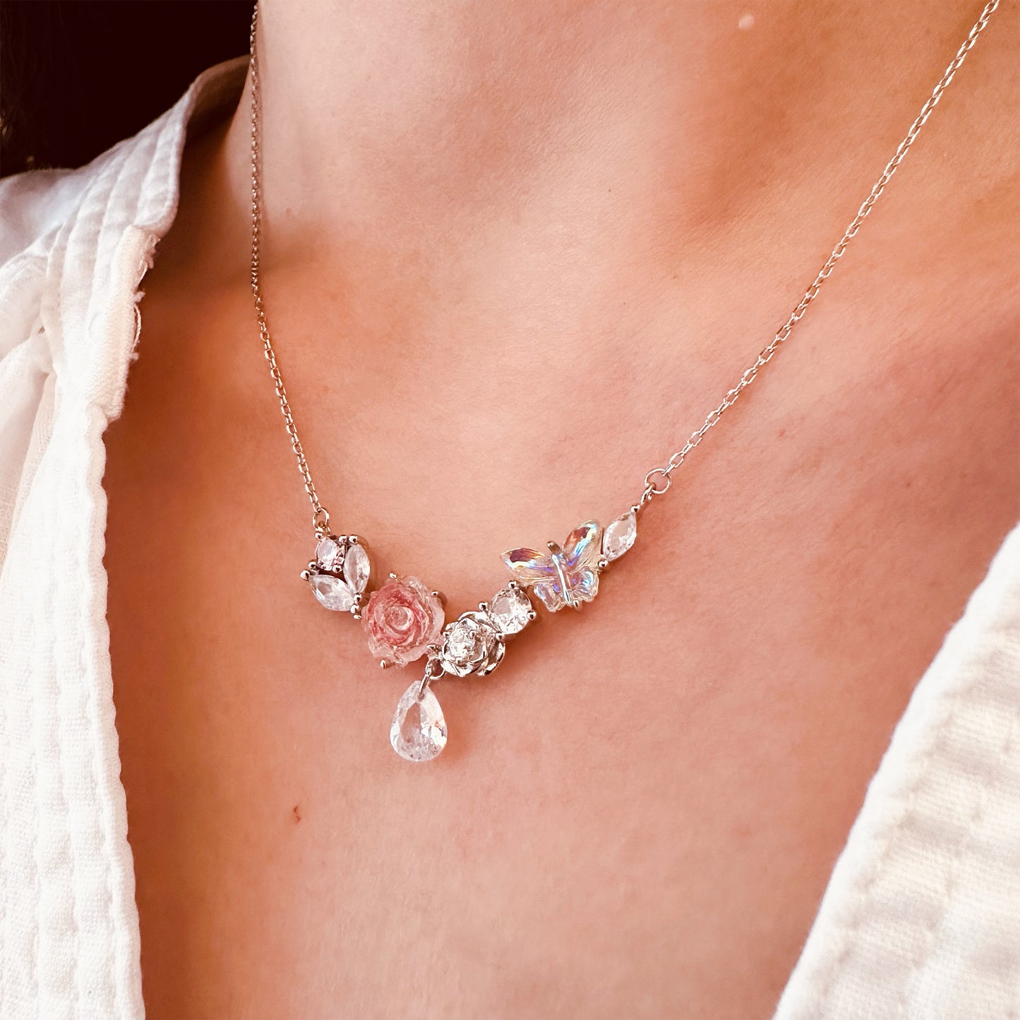 rose flower butterfly teardrop pendant