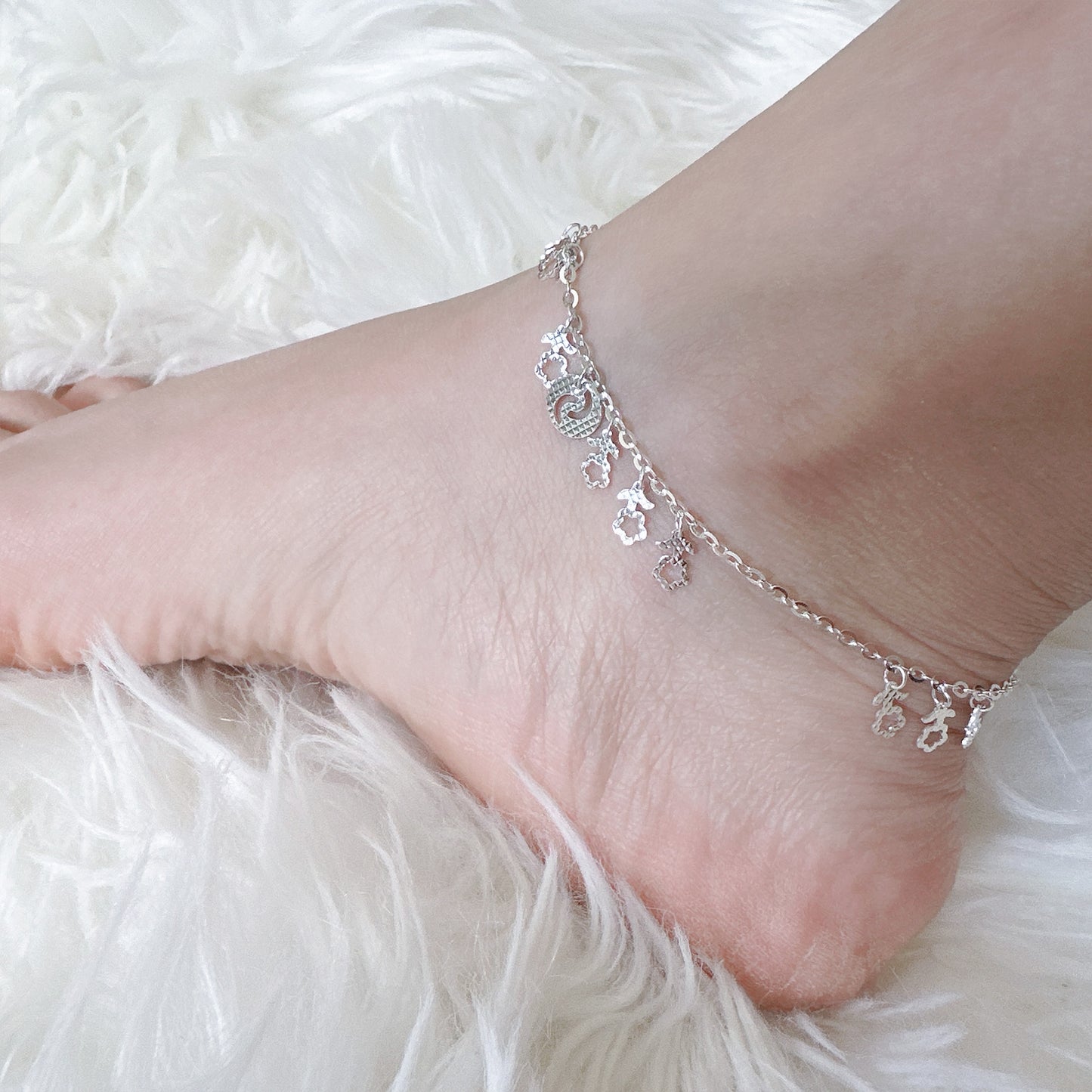 flower charms silver ankle bracelet