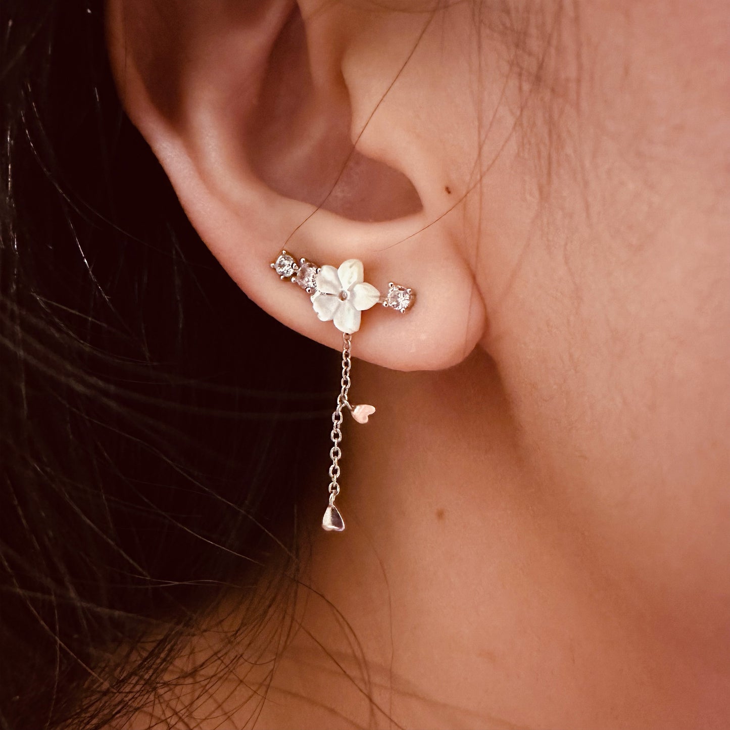 Cherry blossom flower dangle drop ear climber earrings