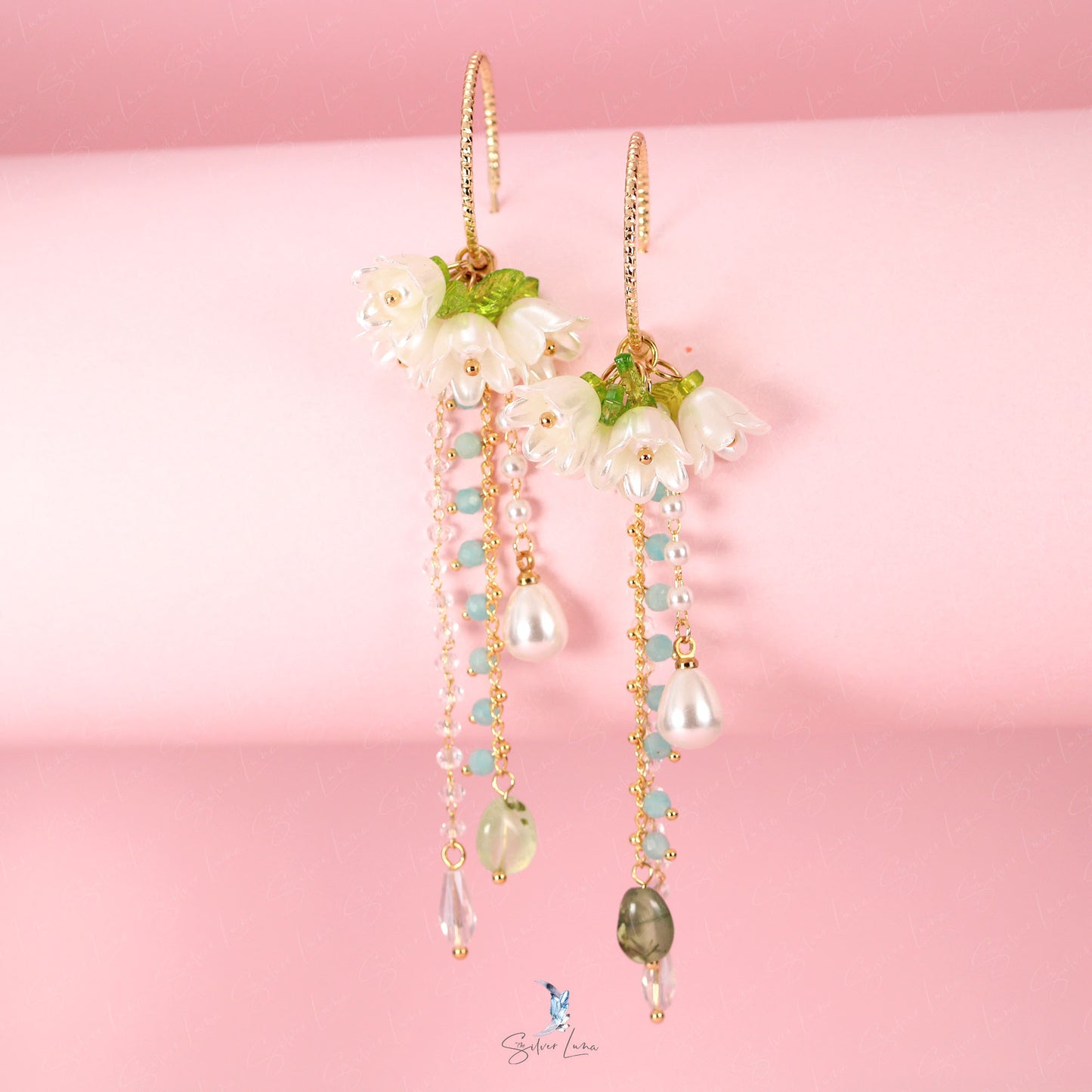 Lily flowers natural stone long drop fashion earrings