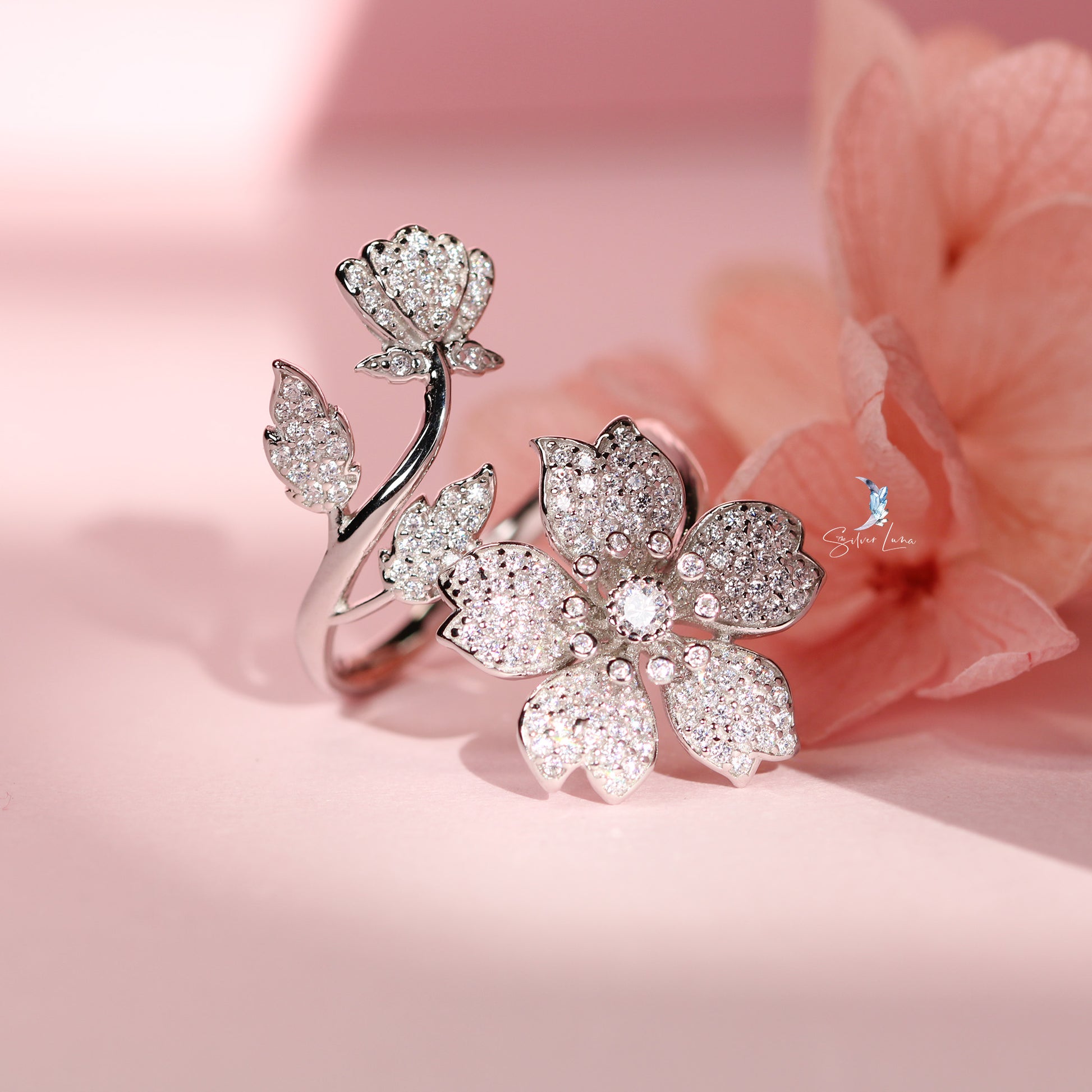 cubic zirconia cherry blossom silver ring