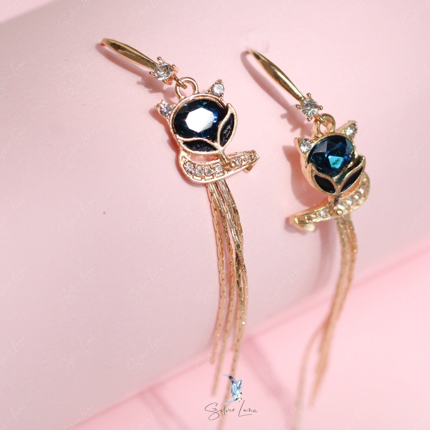 Crystal fox tassel dangle drop fashion earrings