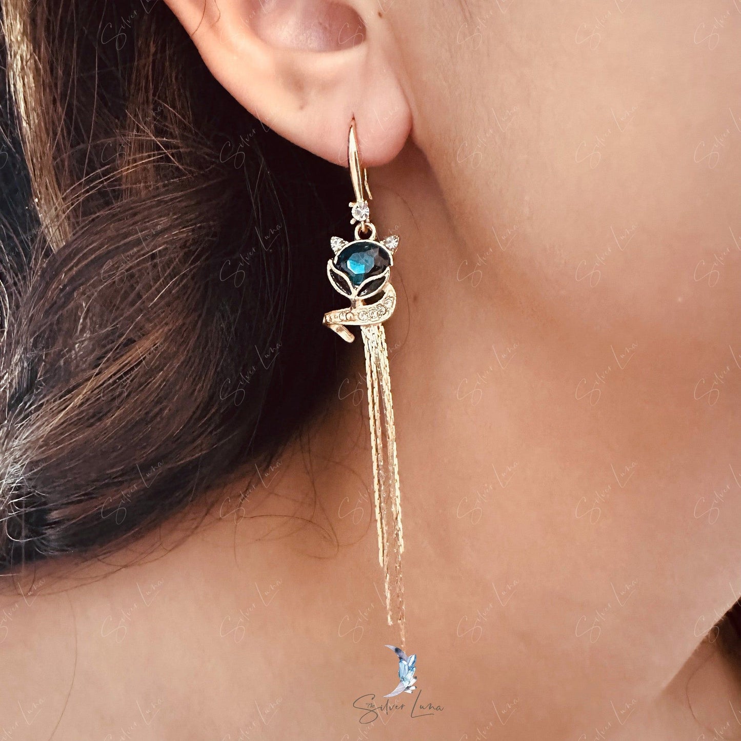 Crystal fox tassel dangle drop fashion earrings
