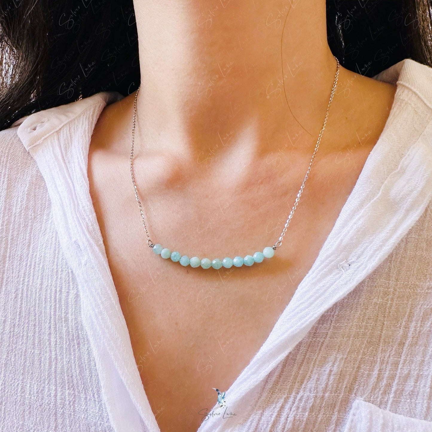 Amazonite gemstone row pendant necklace