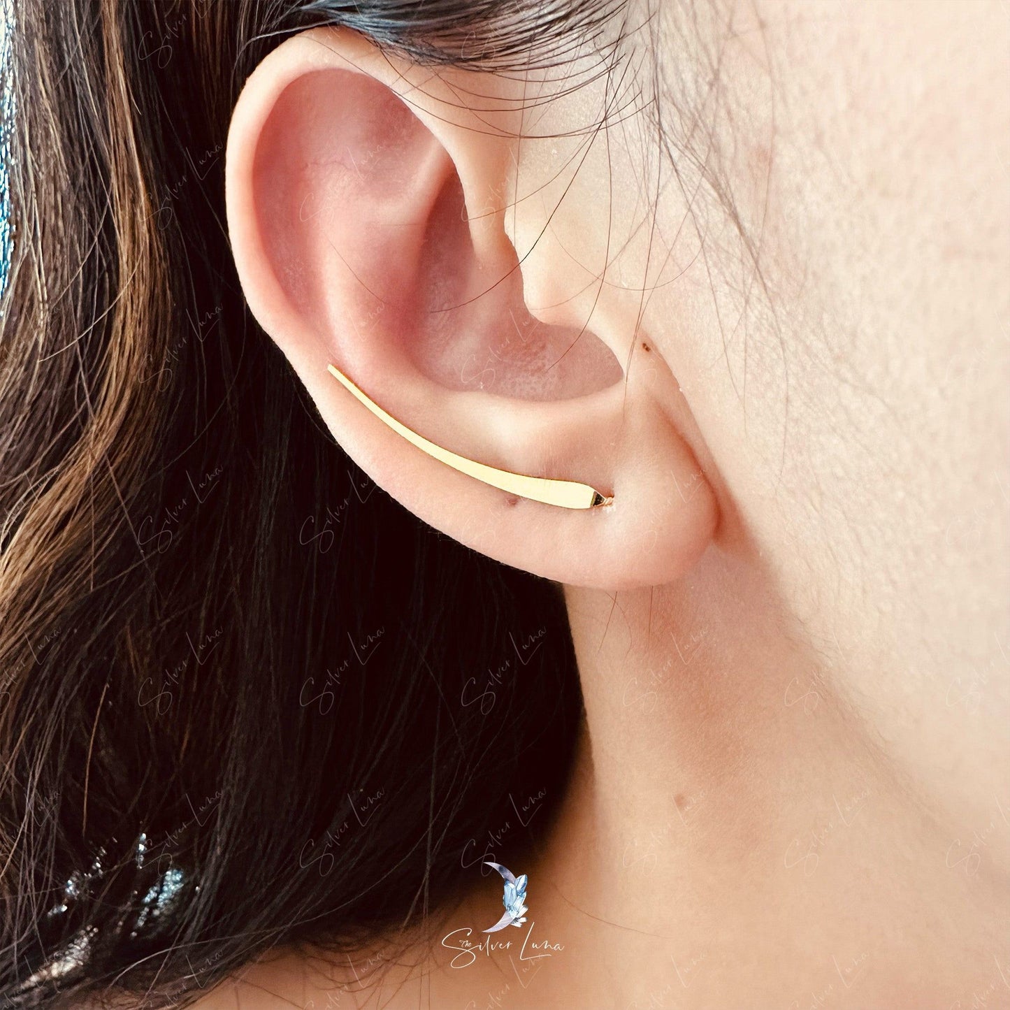 Minimalist stick ear climber earrings in sterling silver