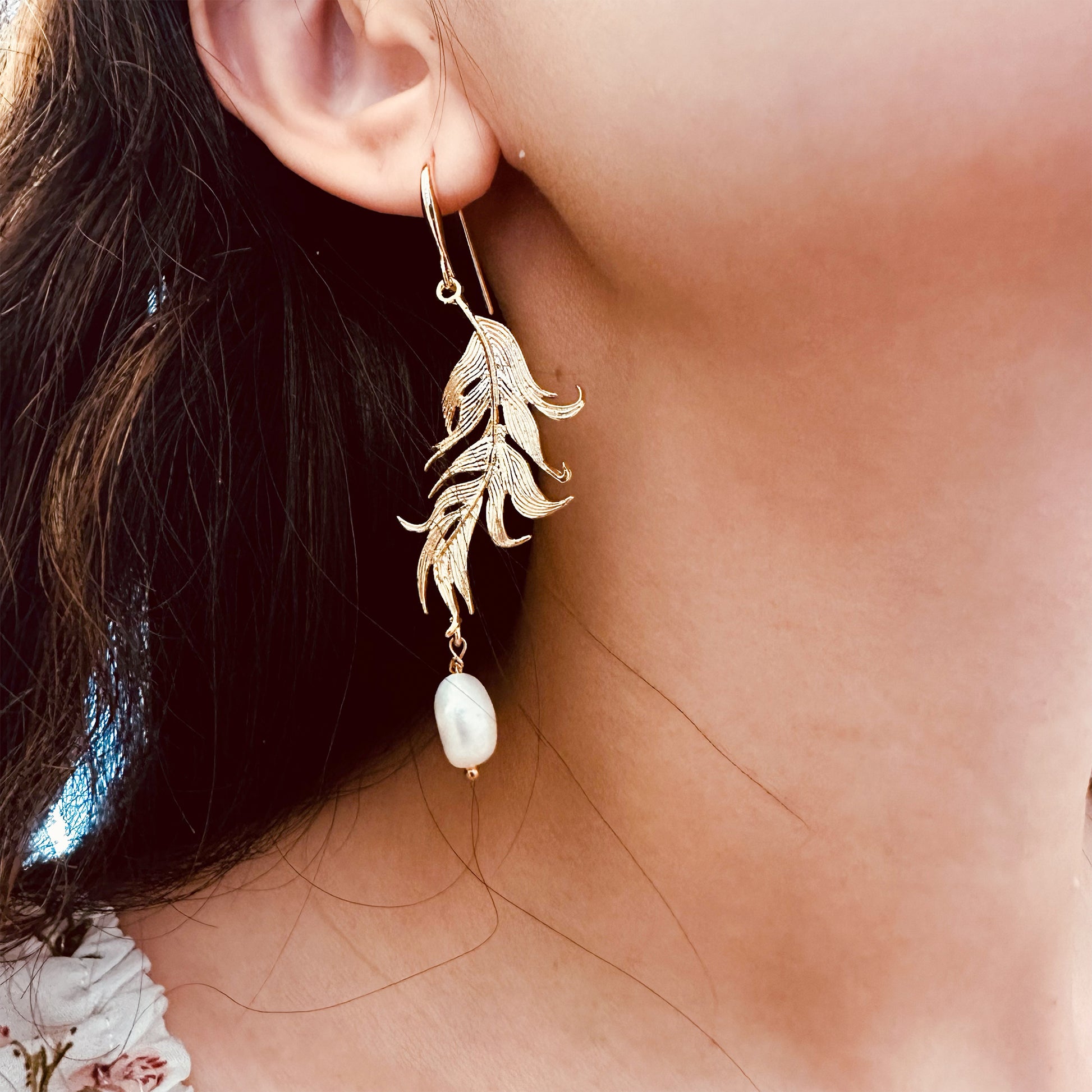 golden feather pearl drop earrings