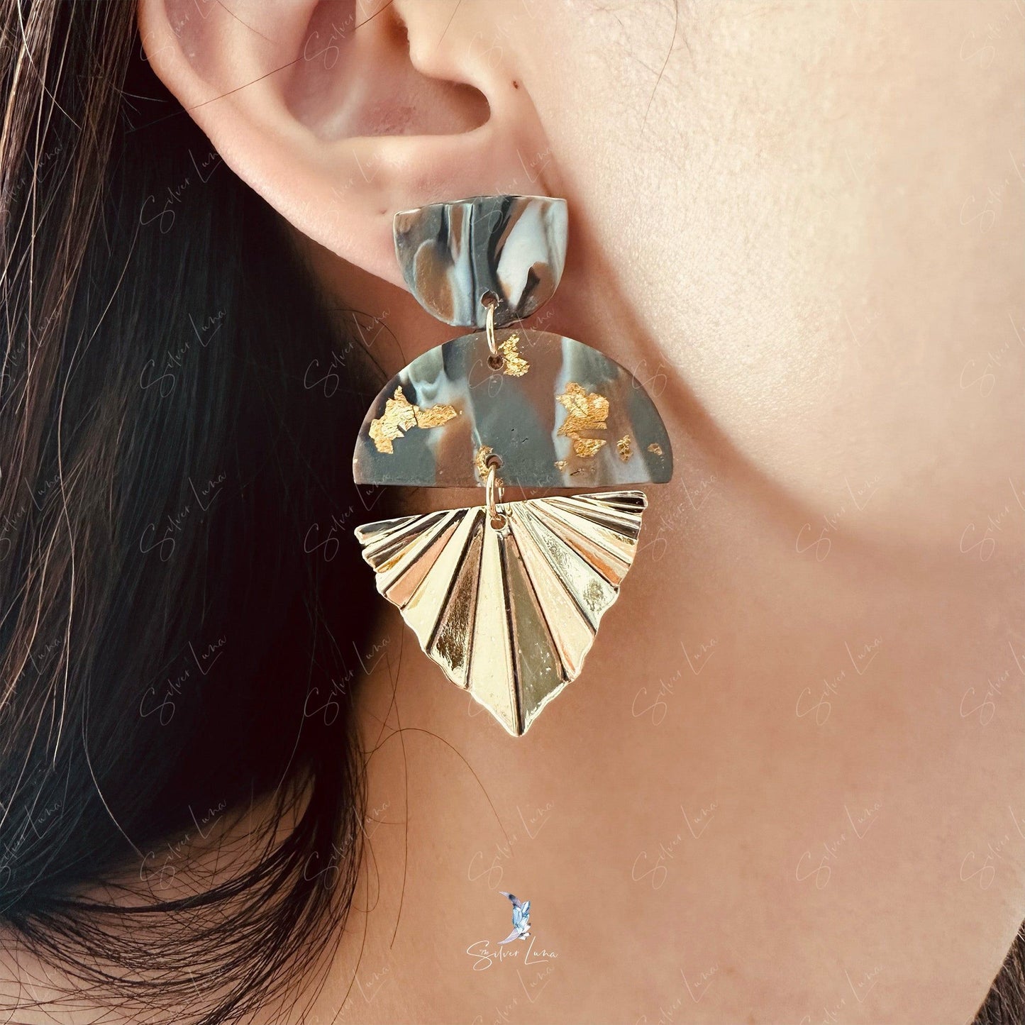 Gold foil polymer clay drop earrings