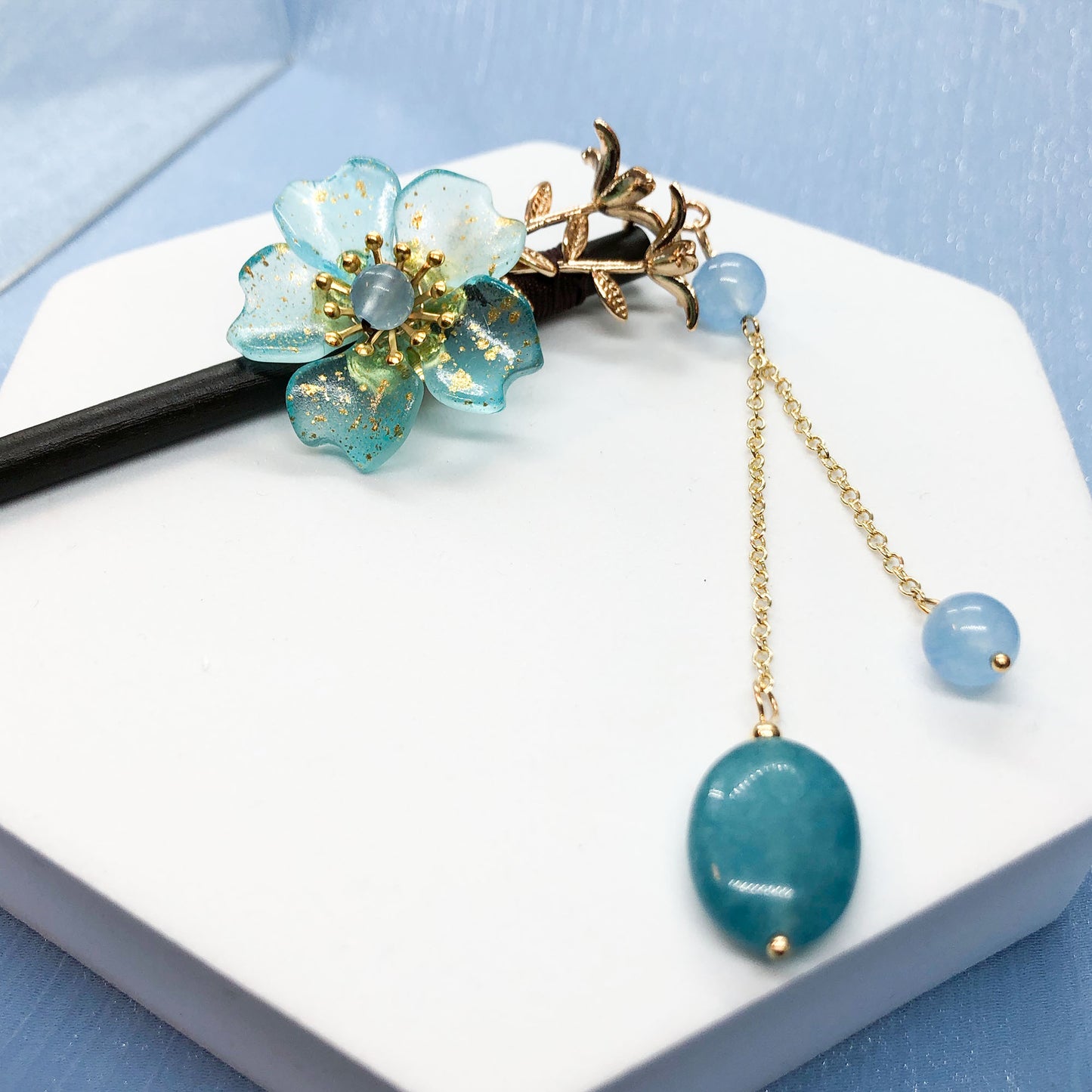 Blue flower wooden hair stick