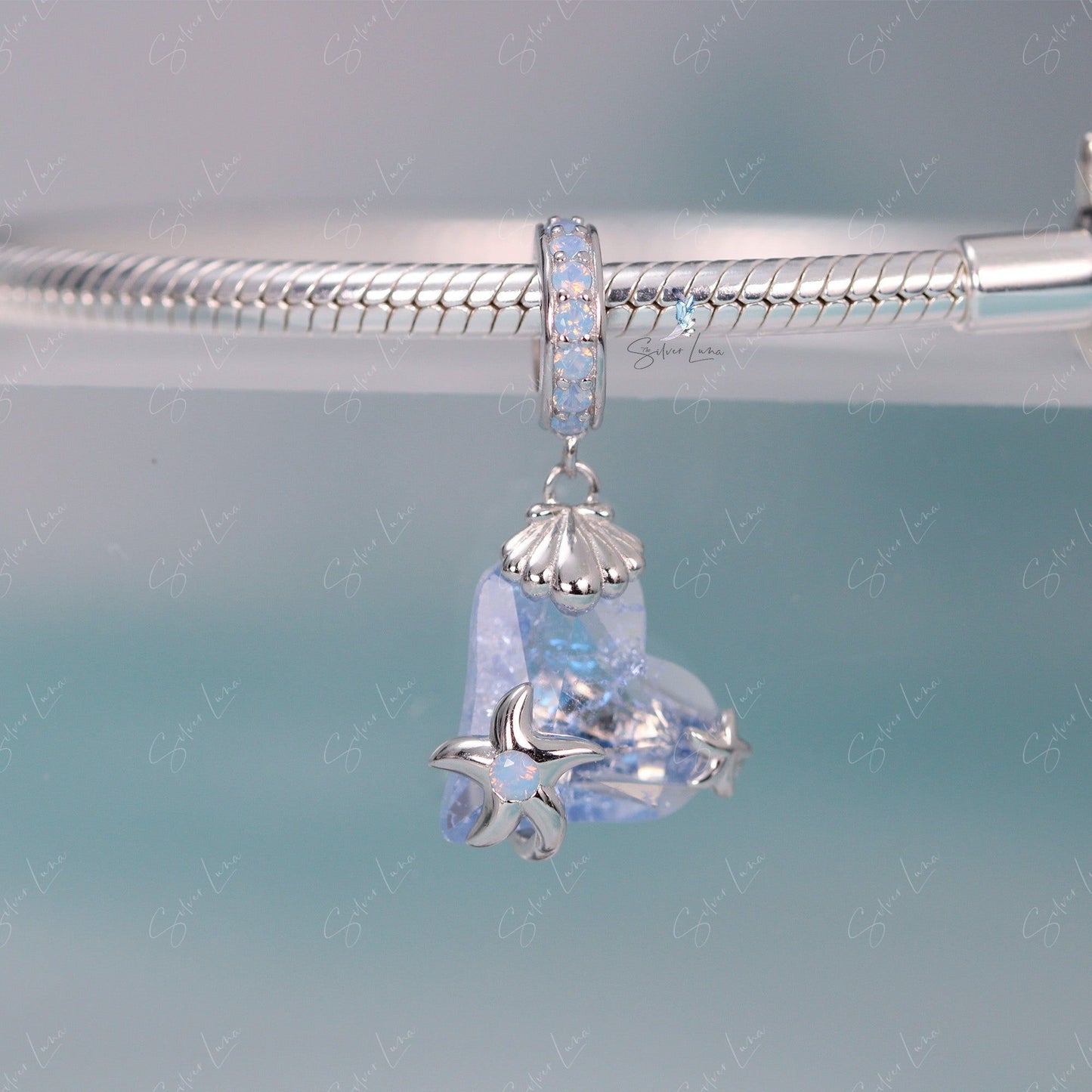 Blue crystal star fish pendant sterling silver charm