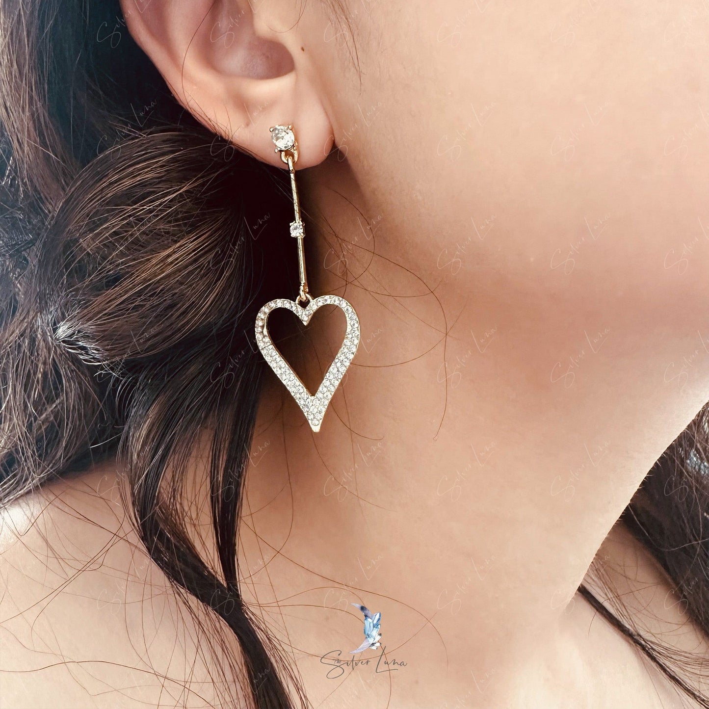 Rhinestone heart dangle drop fashion earrings