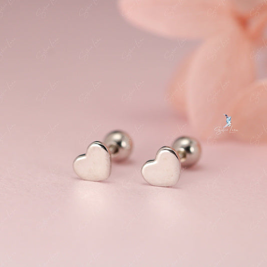 Flat heart screw ball sterling silver stud earrings