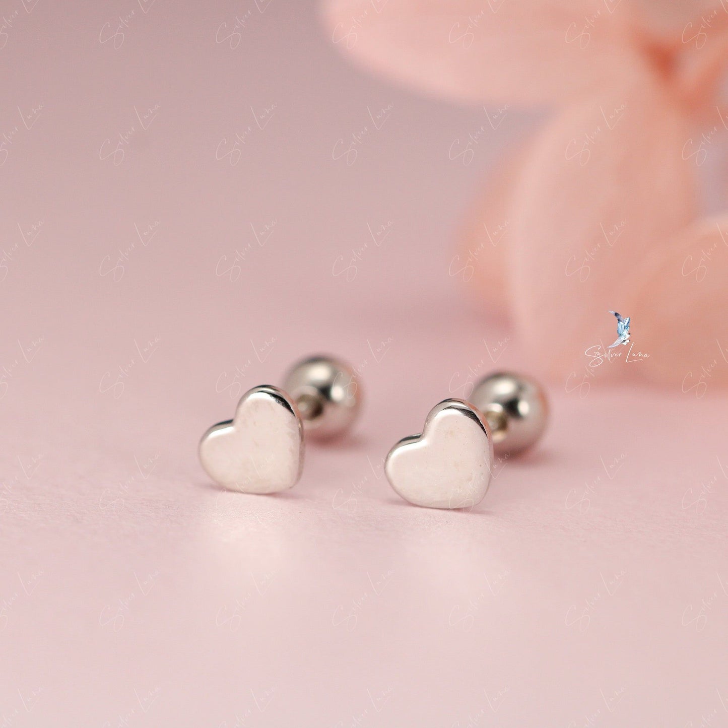 Flat heart screw ball sterling silver stud earrings