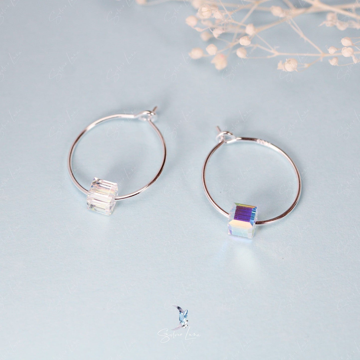 Square crystal hoop earrings in sterling silver