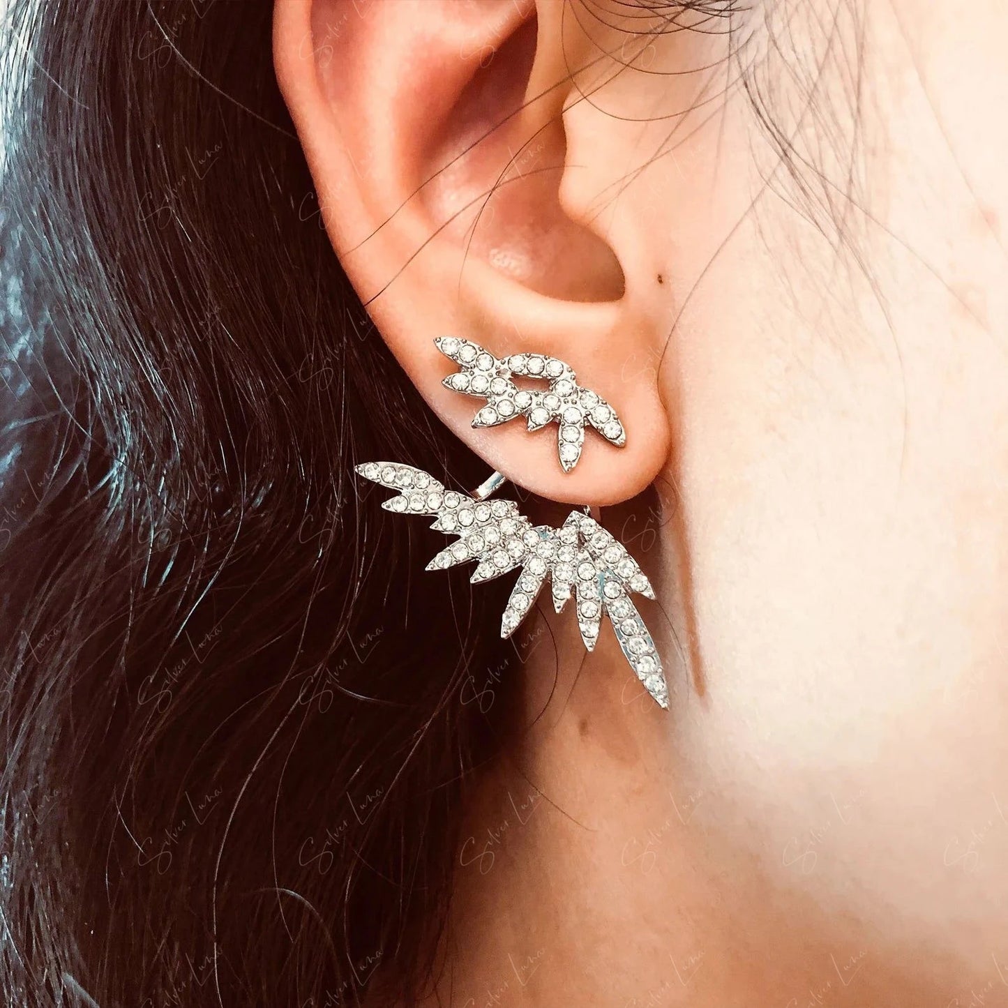 angel wing rhinestone ear jacket earrings