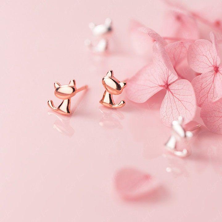 Tiny Cat Silhouette Sterling Silver Stud Animal Earrings
