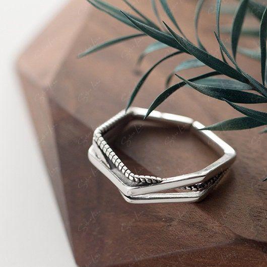 Hexagon Geometric Open Band Ring