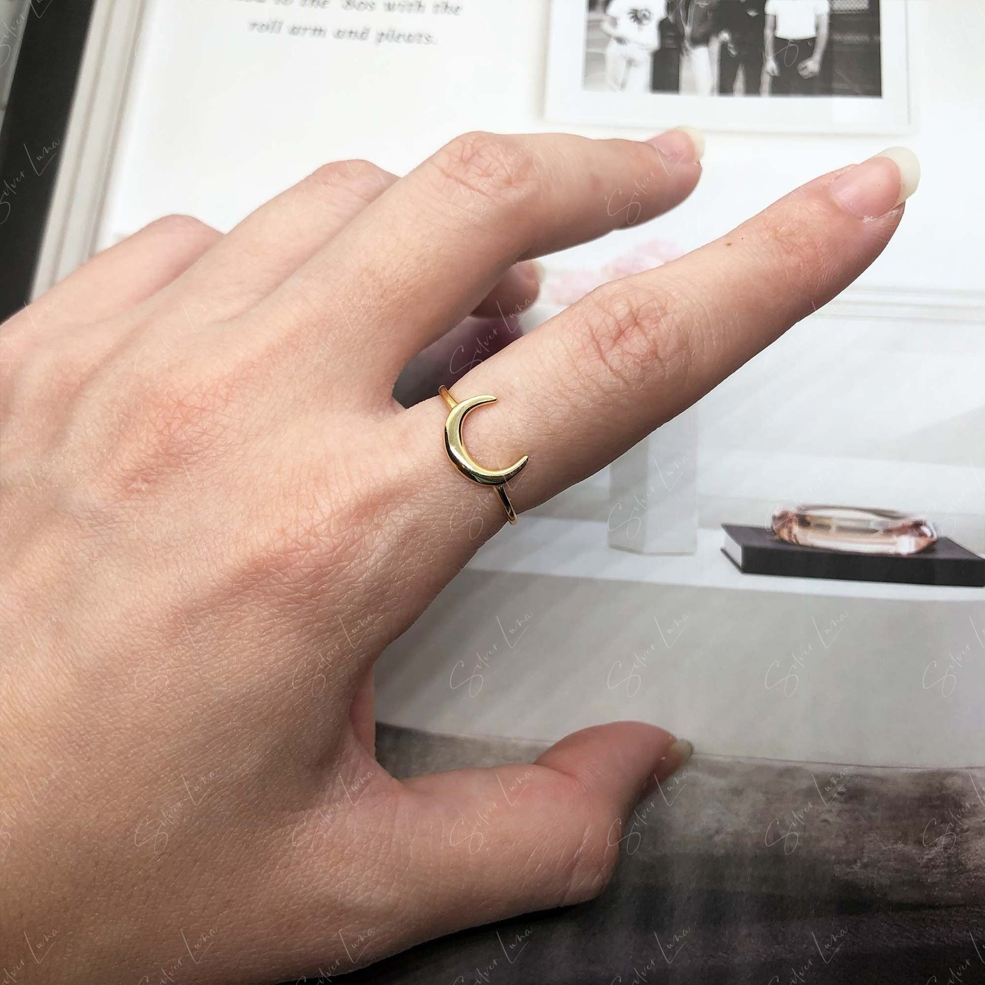 Golden Crescent Moon Open Band Ring