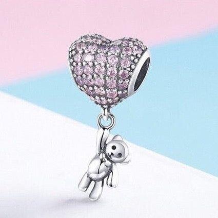 Teddy Bear Hanging On Heart Balloon Dangle Charm