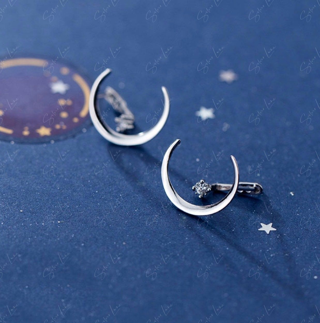 Moon And Star Stud Earrings With Ear Jacket Silver