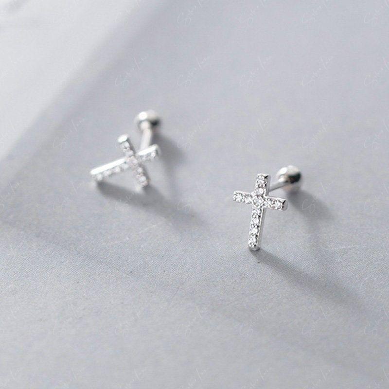 Cross Sterling Silver Screw Stud Earrings